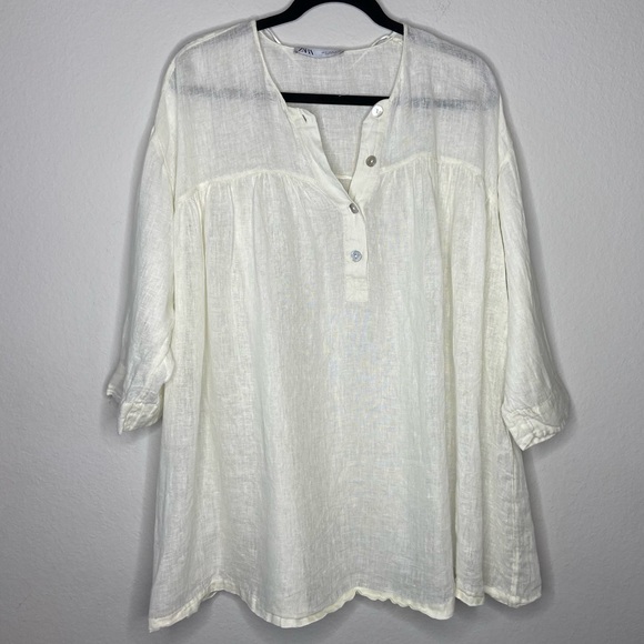 Zara White 100% Linen Gauze Oversized Tunic Top - Picture 1 of 5